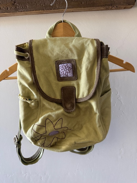 Handbags - Sherpani Canvas Floral Accent Mini Backpack in Olive Green with Brown Trim